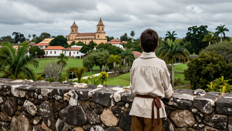 Niño colonial contemplando el paisaje tropical