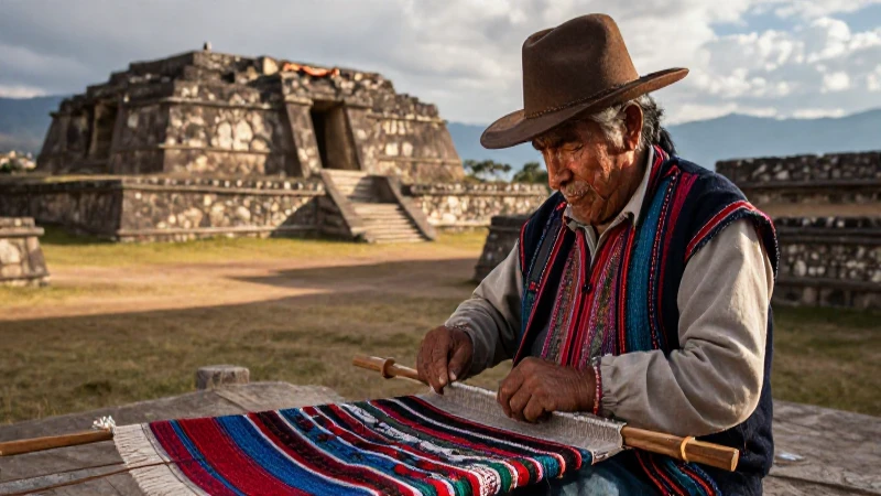 San Bartolo Tutotepec: Un Destino Cultural en México 37 Artisan teje ante ruinas de San Bartolo