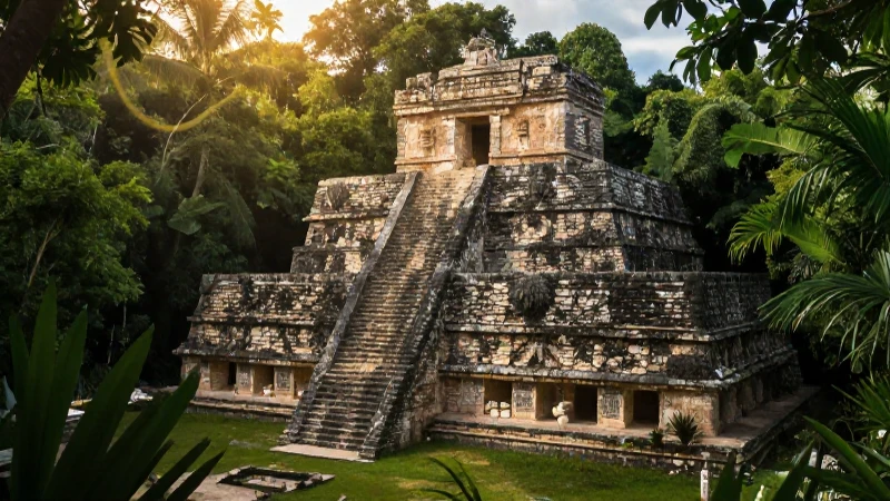Templo Maya antiguo envuelto en luz dorada