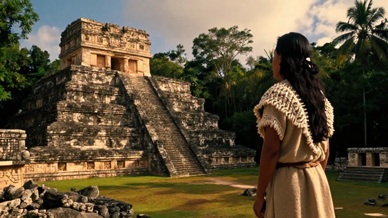 Indígena observa templo maya al atardecer