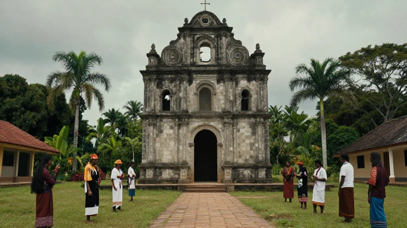 Iglesia colonial tropical con aldeanos en fotografía