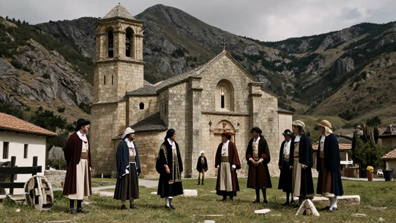 Pueblo histórico con iglesia antigua y montaña