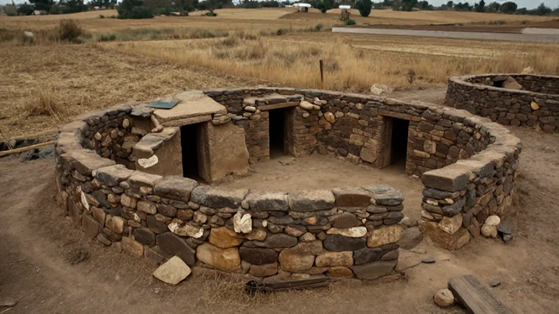 Aldeano en desierto, vivienda de piedra y campos secos