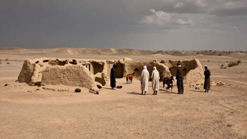 Campamento nómada en desierto bajo luz dramática
