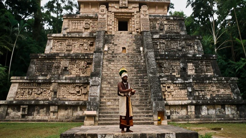 Excremento y su Olor: Significados Espirituales y Morales 10 Sacerdote maya en ritual, ante pirámide detallada