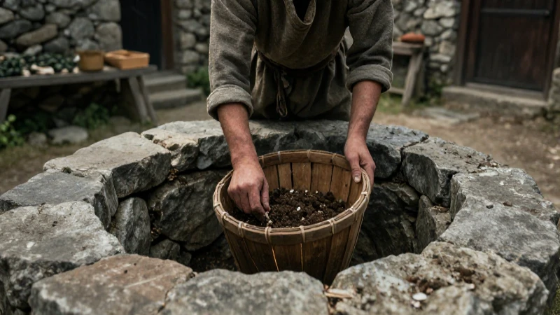 Excremento y su Olor: Significados Espirituales y Morales 12 Agricultor en pueblo medieval con cesta de compost