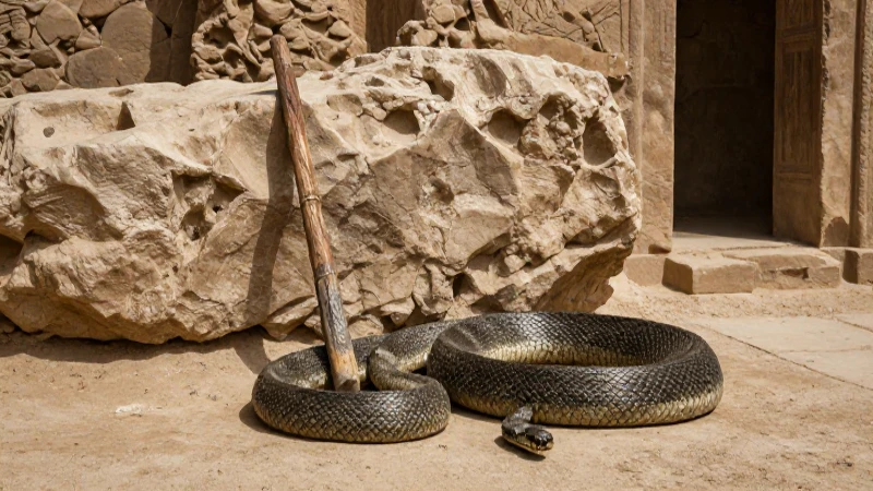 Serpiente antigua en ruina bajo luz dramática