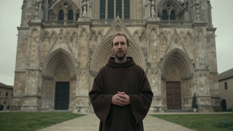 Monje en catedral románica bajo luz dramática