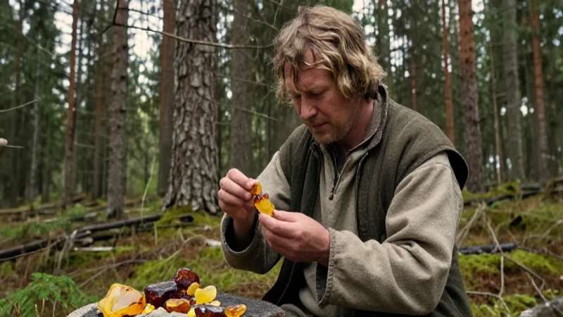 Recolector nórdico examina ámbar en el bosque