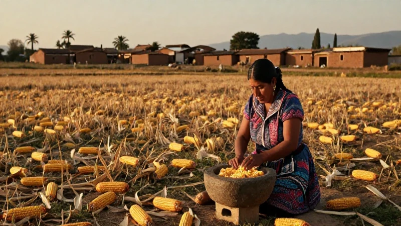 Mujer huasteca muele maíz en el campo antiguo