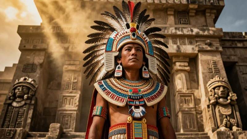 Guerrero azteca en Tenochtitlan bajo luz dorada