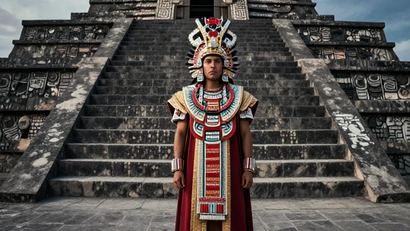 Guerrero mexica en Tenochtitlan con dramatismo cinematográfico