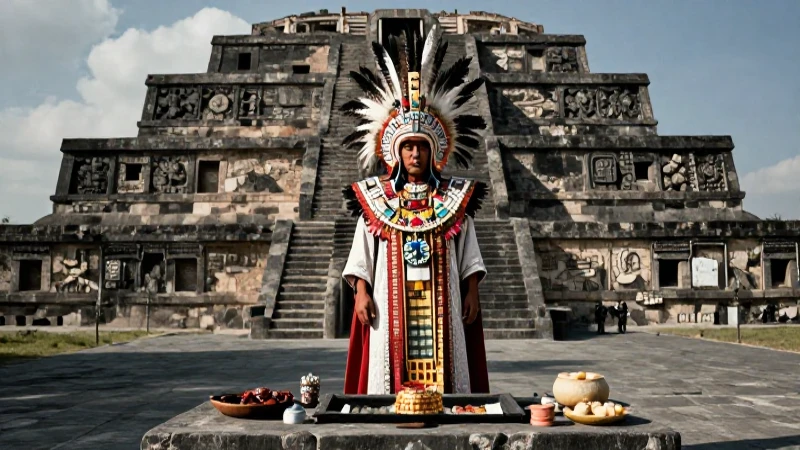 Sacerdote mexica ante el Templo Mayor