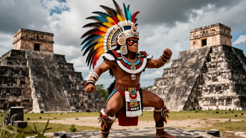 Guerrero azteca feroz en paisaje mesoamericano