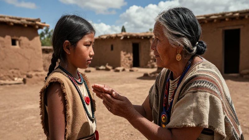 Niña indígena en pueblo ancestral bajo luz dramática