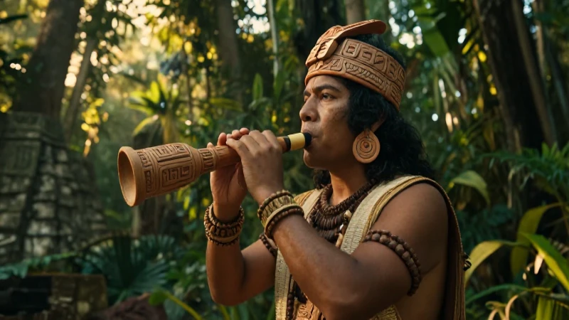 En qué consiste el arte de los silbatos mayas y su cultura 43 Sacerdote maya con flauta en ruinas selváticas