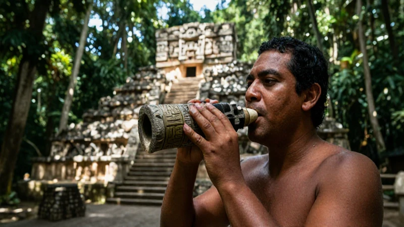 En qué consiste el arte de los silbatos mayas y su cultura 45 Especialista maya sopla silbato en jungla antigua