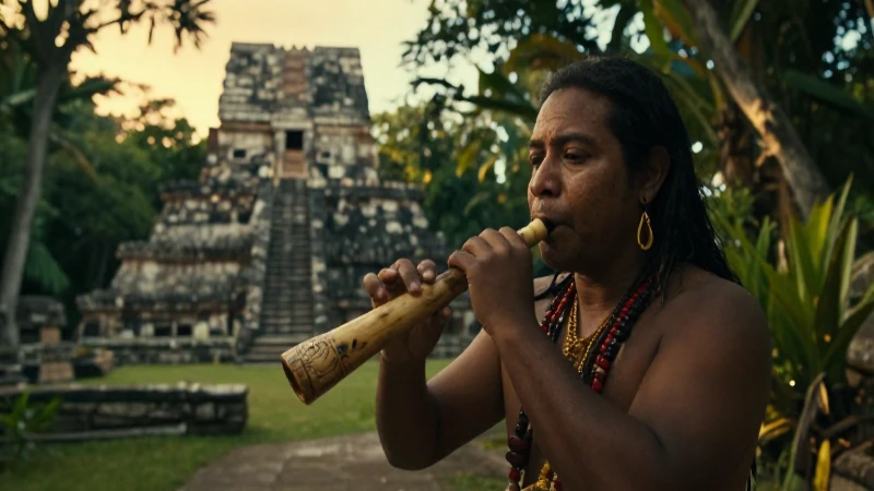 En qué consiste el arte de los silbatos mayas y su cultura 44 Músico maya toca en ruinas de selva dorada