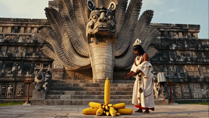 Sacerdote mesoamericano en ritual ancestral con serpiente de piedra