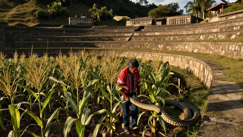 Agricultor mesoamericano con serpiente y maíz