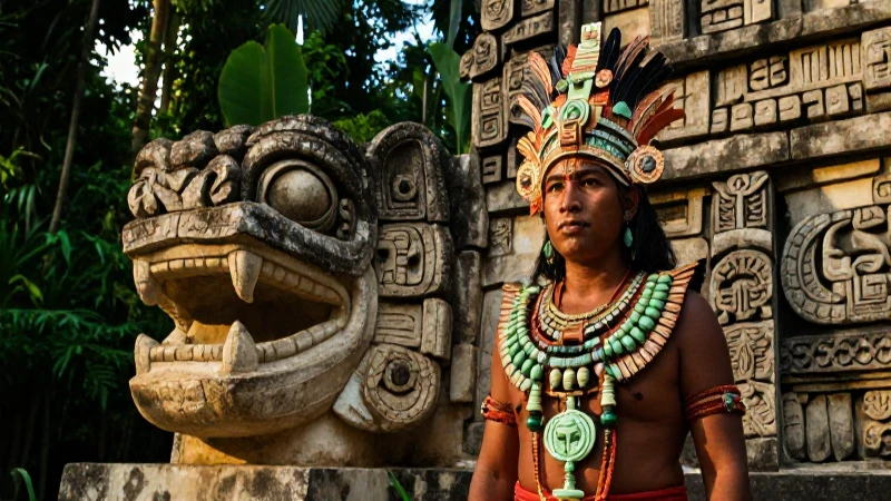 Sacerdote maya ante templo y serpiente antigua