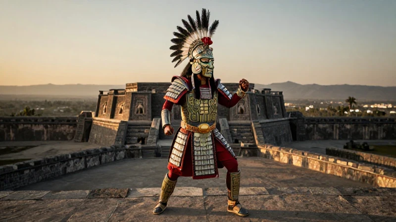 Guerrero tolteca con armadura en atardecer