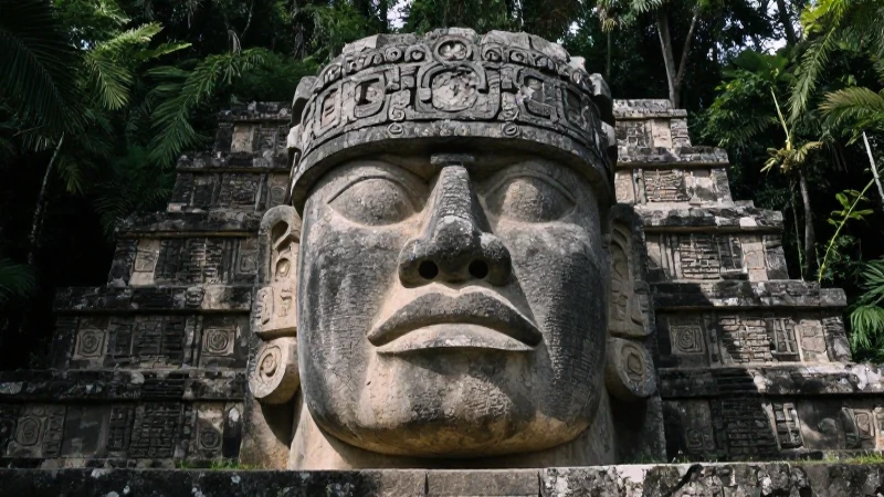 Cabeza Olmec monumental en selva exuberante