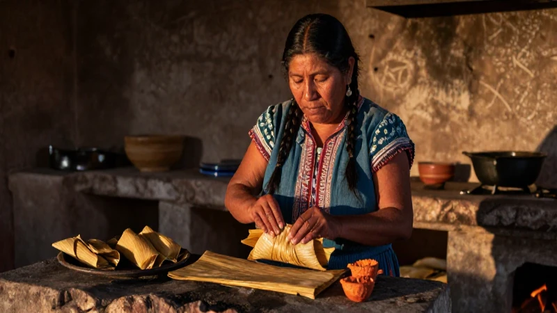Mujer indígena dobla tamales sobre fuego en cocina mesoamericana