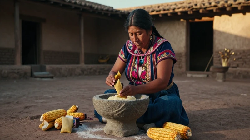 Mujer indígena prepara masa en patio azteca