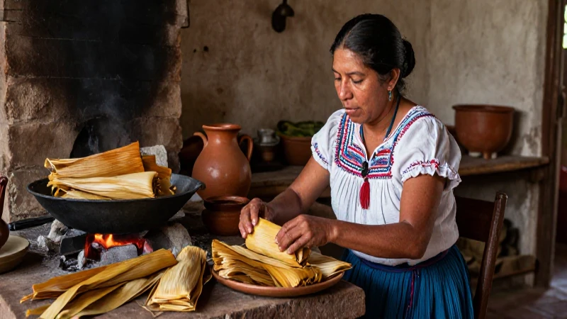 Mujer mestiza en hacienda preparando tamales