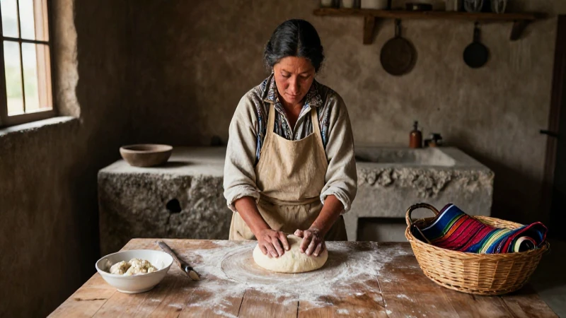 Mujer tradicional amasando en rústica cocina histórica