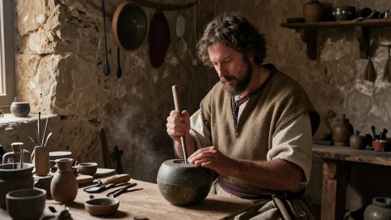 Artisano medieval con herramientas en taller rústico