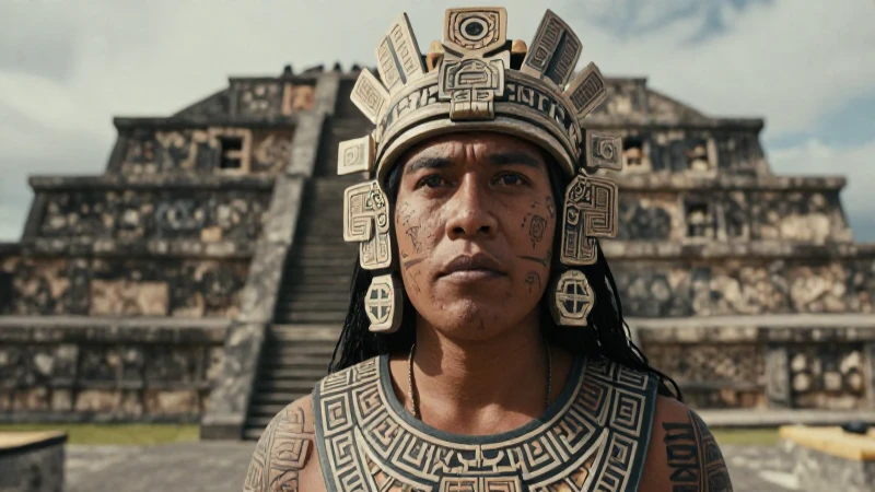Noble azteca tatuado en arquitectura antigua