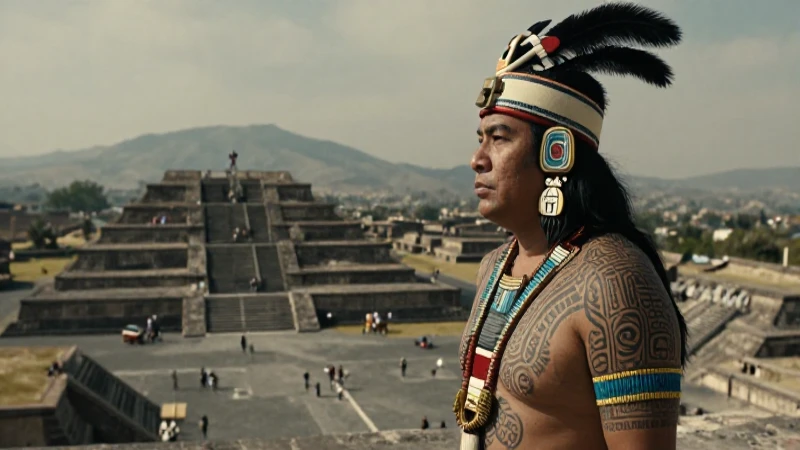 Guerreiro azteca con tatuajes y vestimenta tradicional en Tenochtitlan