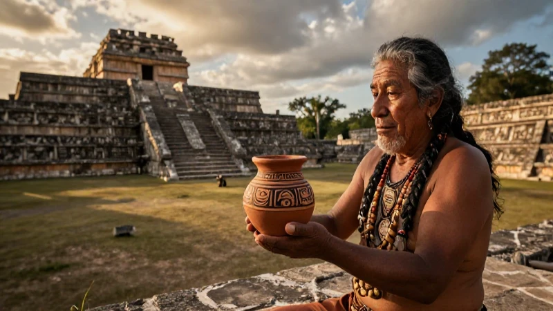 Ritual ancestral en templo mesoamericano dorado