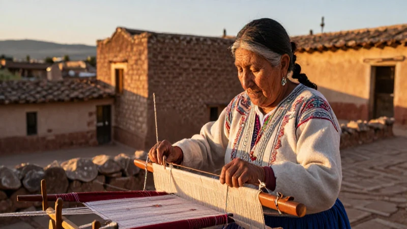 Mujer tehuana tejiendo en un pueblo colonial antiguo