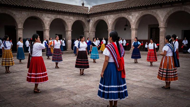 Fiesta mestiza vibrante en plaza colonial