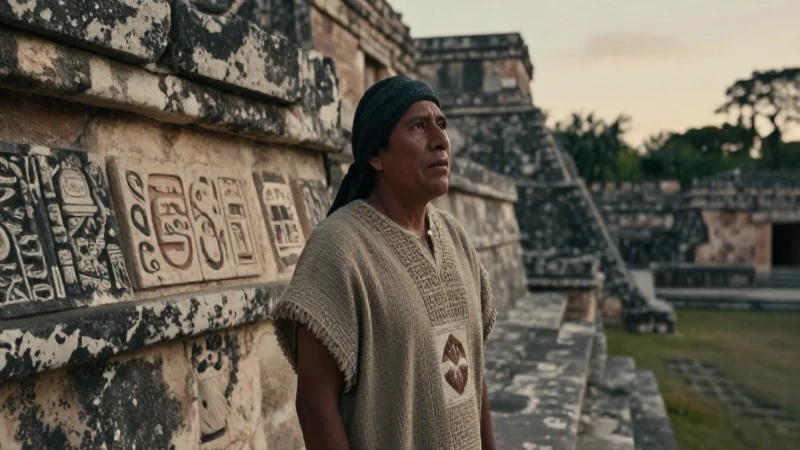 Agricultor azteca en ruinas al atardecer