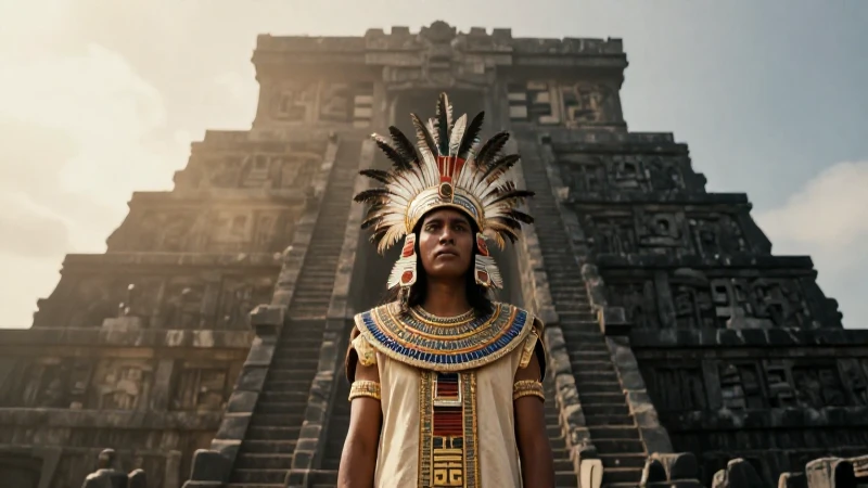Qué secretos y misterios oculta el Templo de la Reina Roja 50 Sacerdote en vestimenta frente a templo mesoamericano