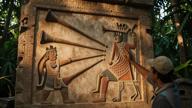 Mural mesoamericano de templo con arqueólogo y ambiente dramático