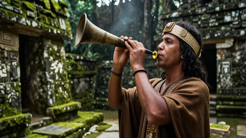Sacerdote antiguo toca concha en templo mesoamericano