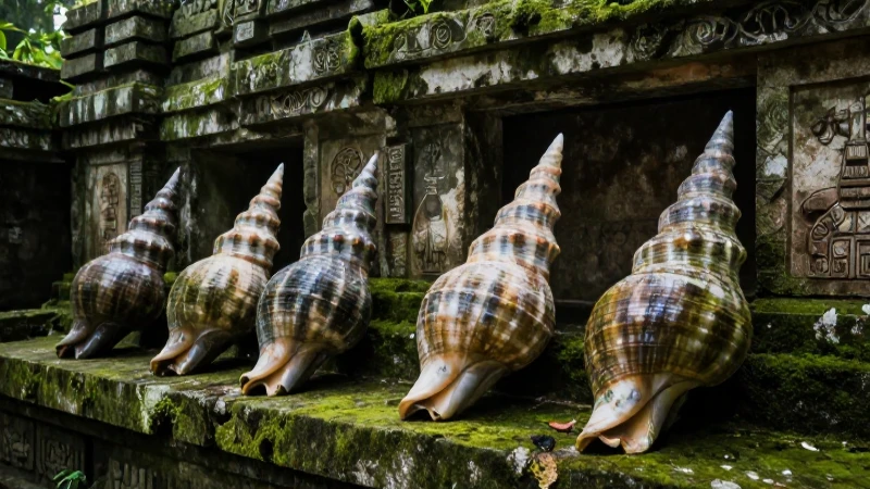 Misterios de trompetas de caracol en templo