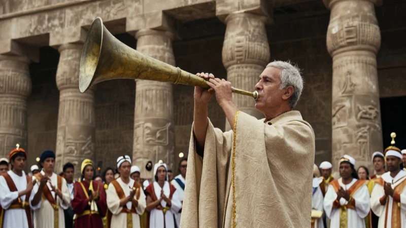 Sacerdote toca trompeta en templo caracol antiguo