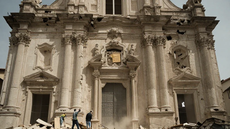 Fachada de iglesia dañada en restauración tras terremoto