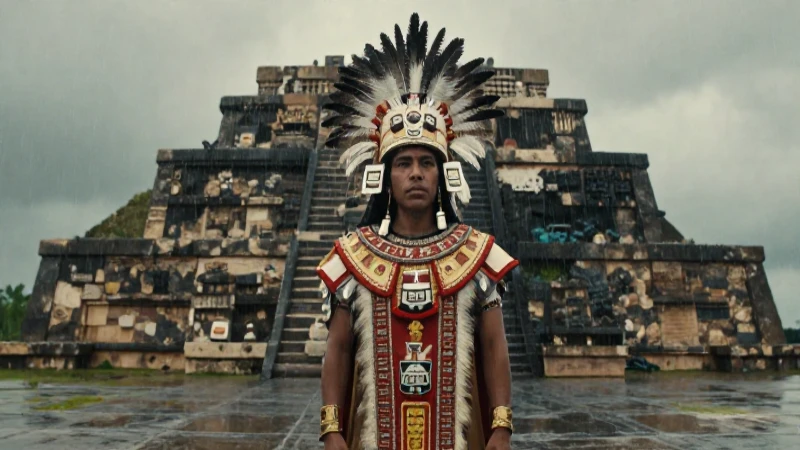 Sacerdote azteca bajo lluvia tropical