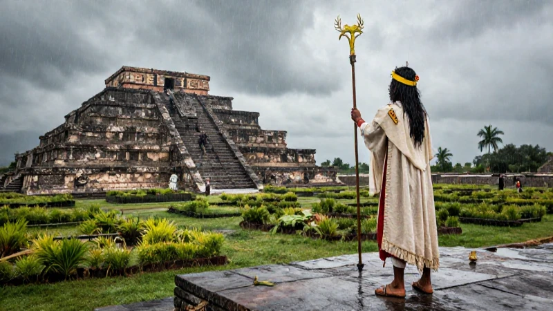 Sacerdote azteca ritual bajo lluvia en Tenochtitlan