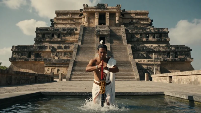 Sacerdote azteca en Templo Mayor con ritual de agua