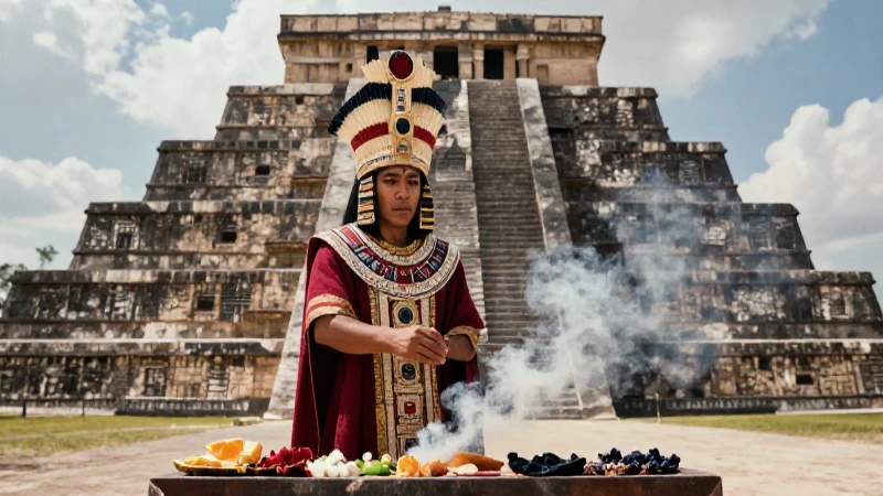 Sacerdote azteca en Templo Mayor con rituales dramáticos