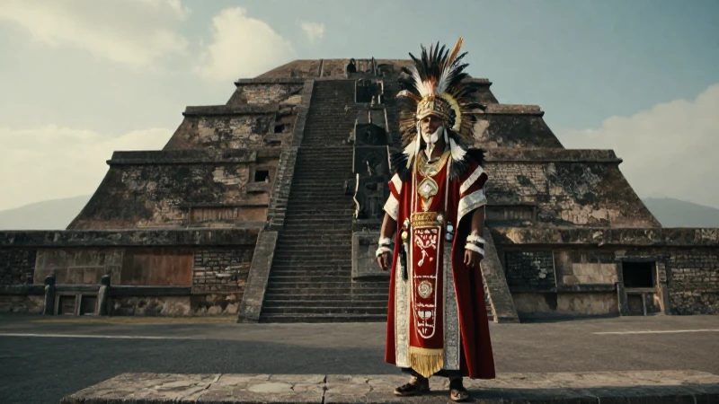 Sacerdote azteca en Templo Mayor al amanecer