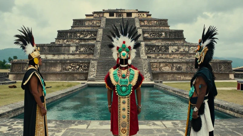 Pirámide azteca majestuosa con sacerdotes y canales